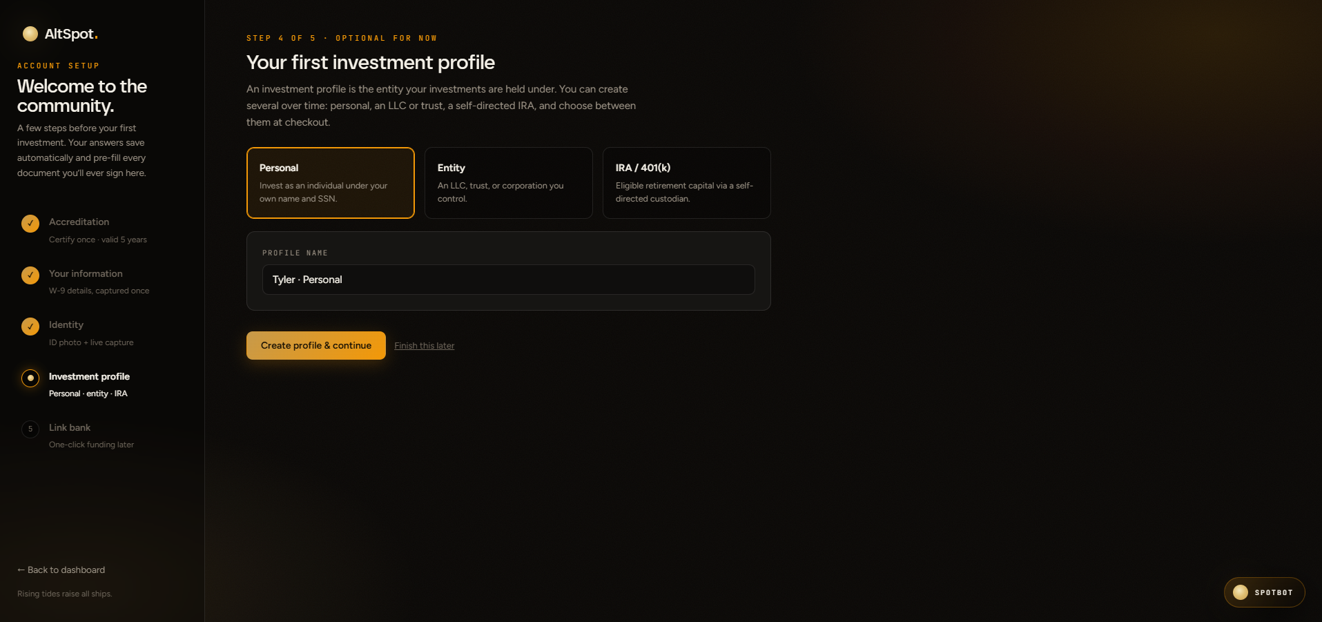 Account setup, investment profile